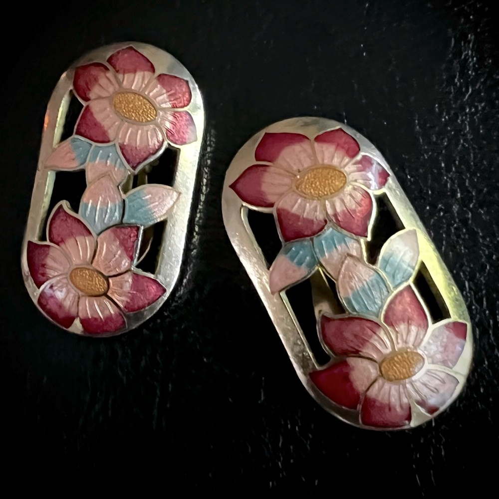 Vintage Floral Earrings Enamel Cloisonné Style Flower Ear Clips